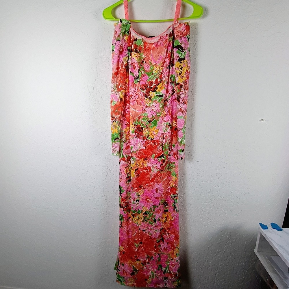 Marina Floral Lace Overlay Maxi Dress XS Pink Red Stretch Lined Made USA - Picture 4 of 13